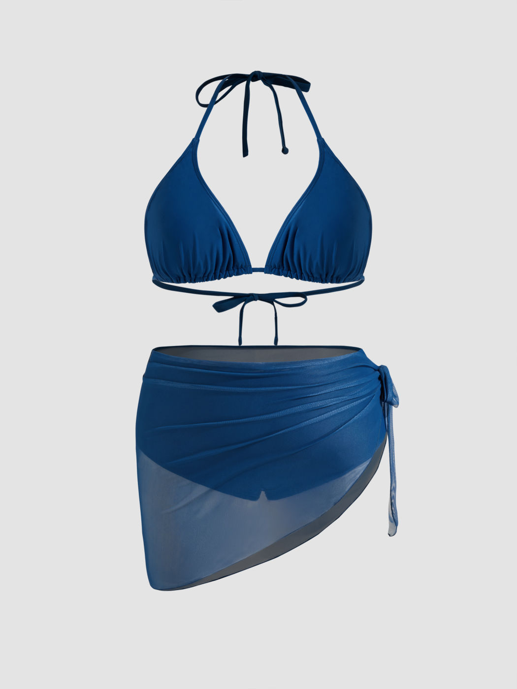 V-neck Solid Knotted Triangle Cheeky Bikini Set With Mesh Sarong Curve & Plus