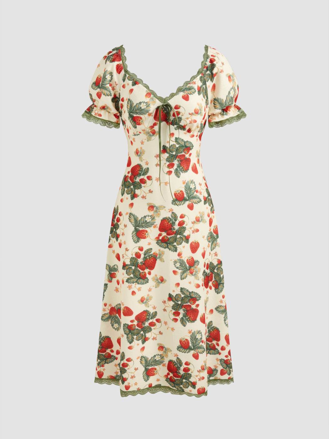 Square Neck Strawberry Graphic Contrasting Lace Trim Midi Dress