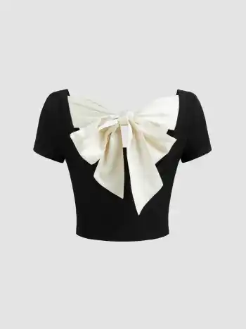 Scoop Neck Solid Bowknot Crop Short Sleeve Tee