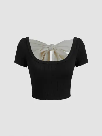 Scoop Neck Solid Bowknot Crop Short Sleeve Tee