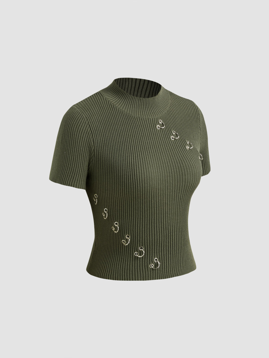 Top a manica corta a collo alto in maglia solida con dettaglio traforato