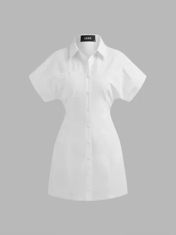 Collar Solid Ruched Short Sleeve Mini Shirt Dress
