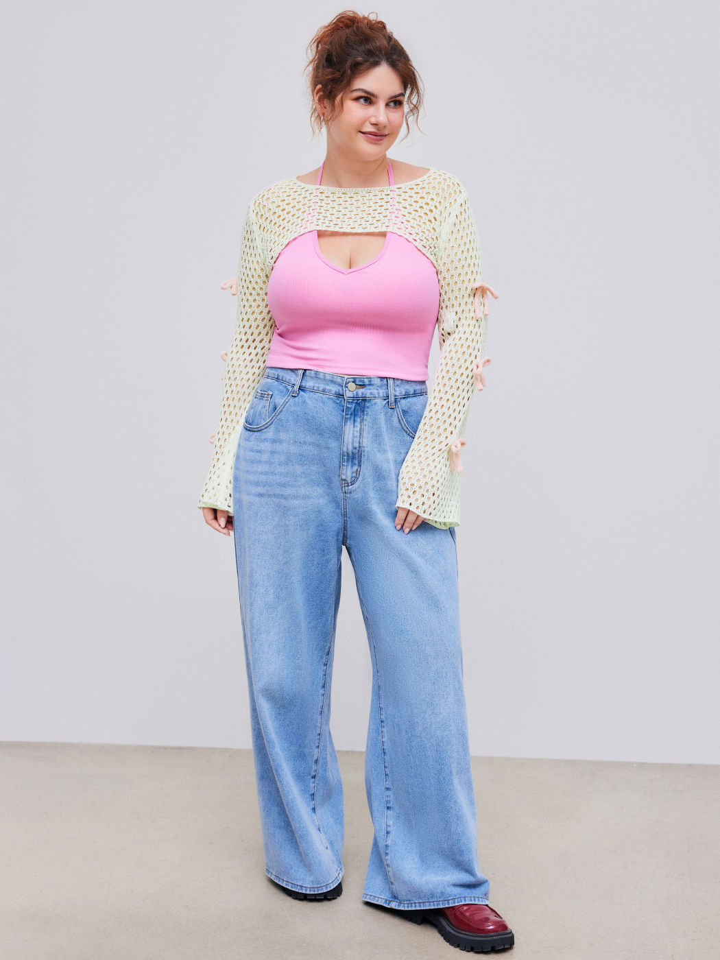 Crochet Round Neckline Bowknot Knitted Long Sleeve Shrug Curve & Plus