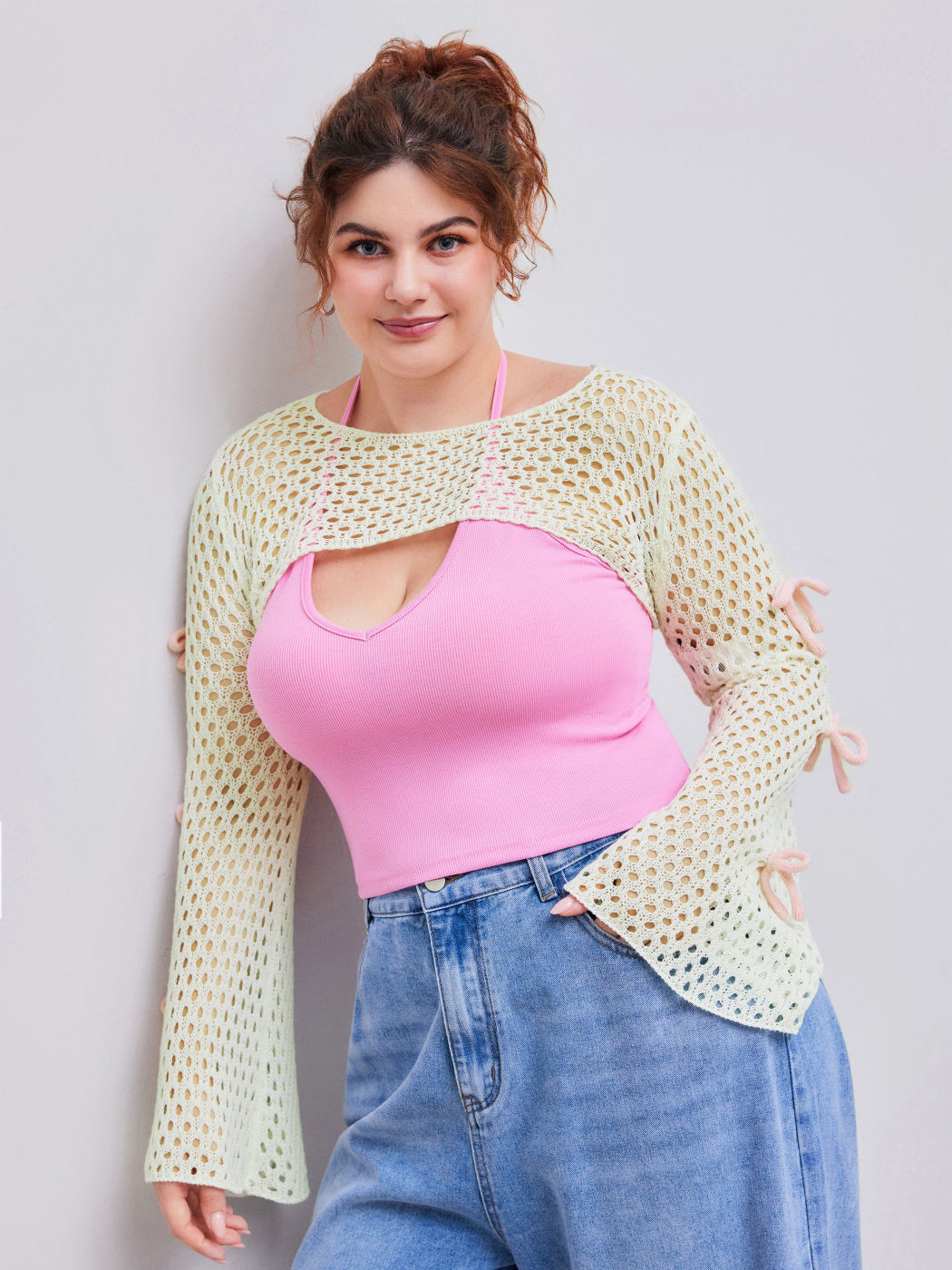 Crochet Round Neckline Bowknot Knitted Long Sleeve Shrug Curve & Plus