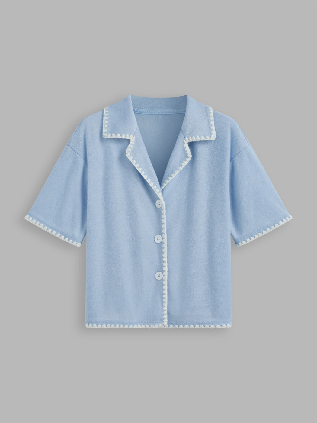 Terry Collar Solid Button Contrast Binding Short Sleeve Top