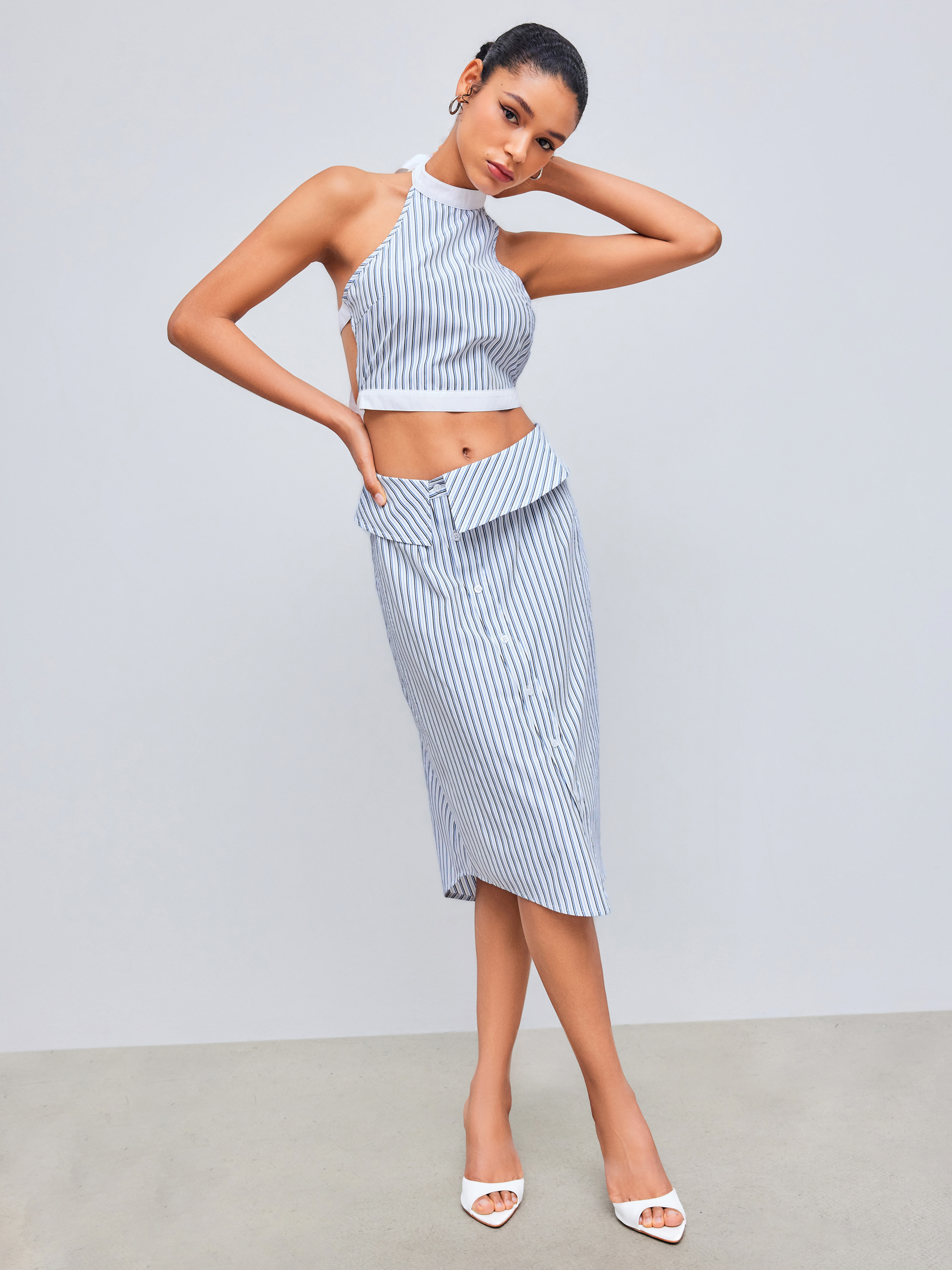 Woven Woven Turn-Up Mid Rise Striped Maxi Skirt For Work
