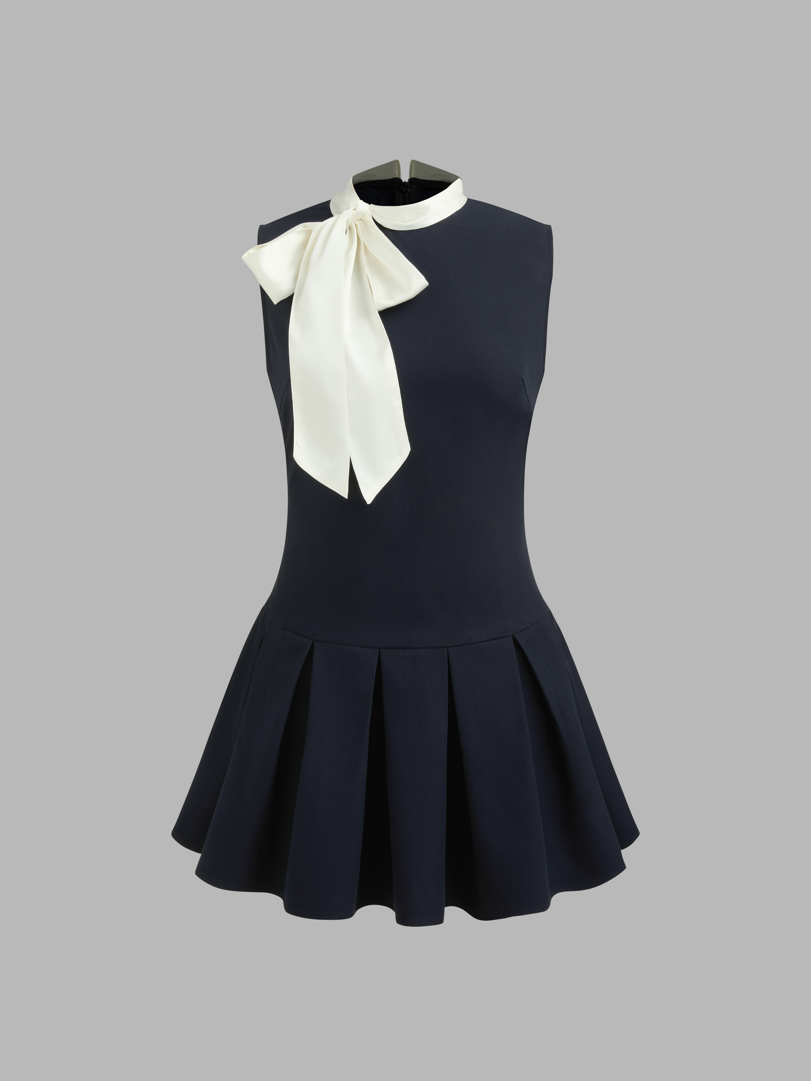 Drop Waist Dress Woven Stand Collar Solid Bowknot Pleated Mini Dress For School Date