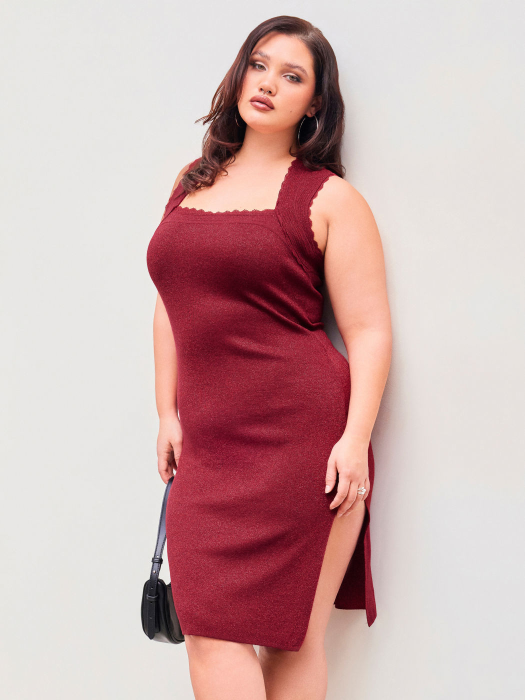 Knit Square Neck Lace Trim Split Solid Midi Dress Curve & Plus