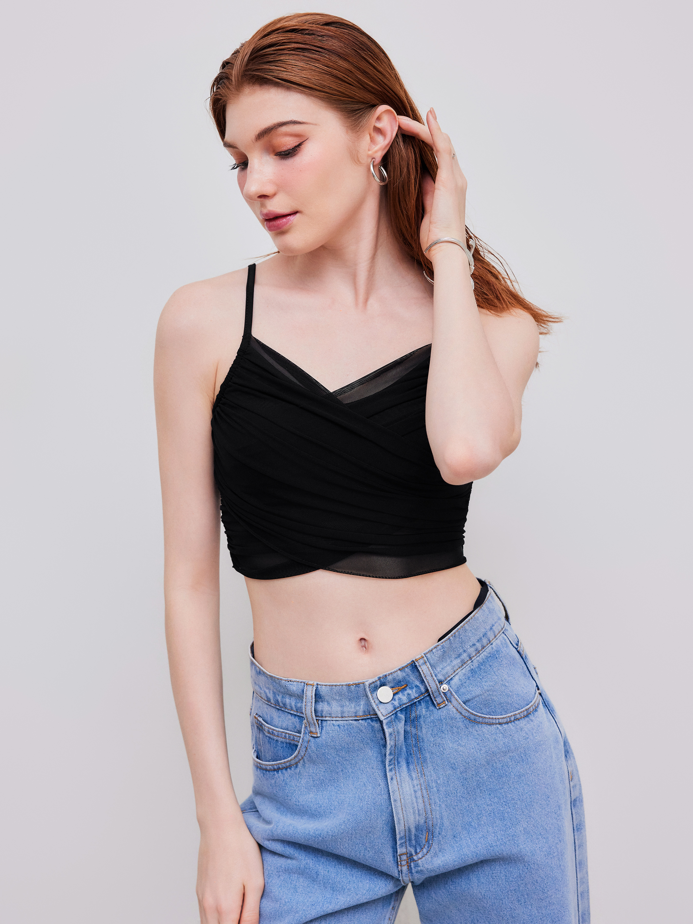 Mesh Mesh V-neck Ruched Crop Top For Date Mesh Mesh V-neck Ruched Crop Top For Date