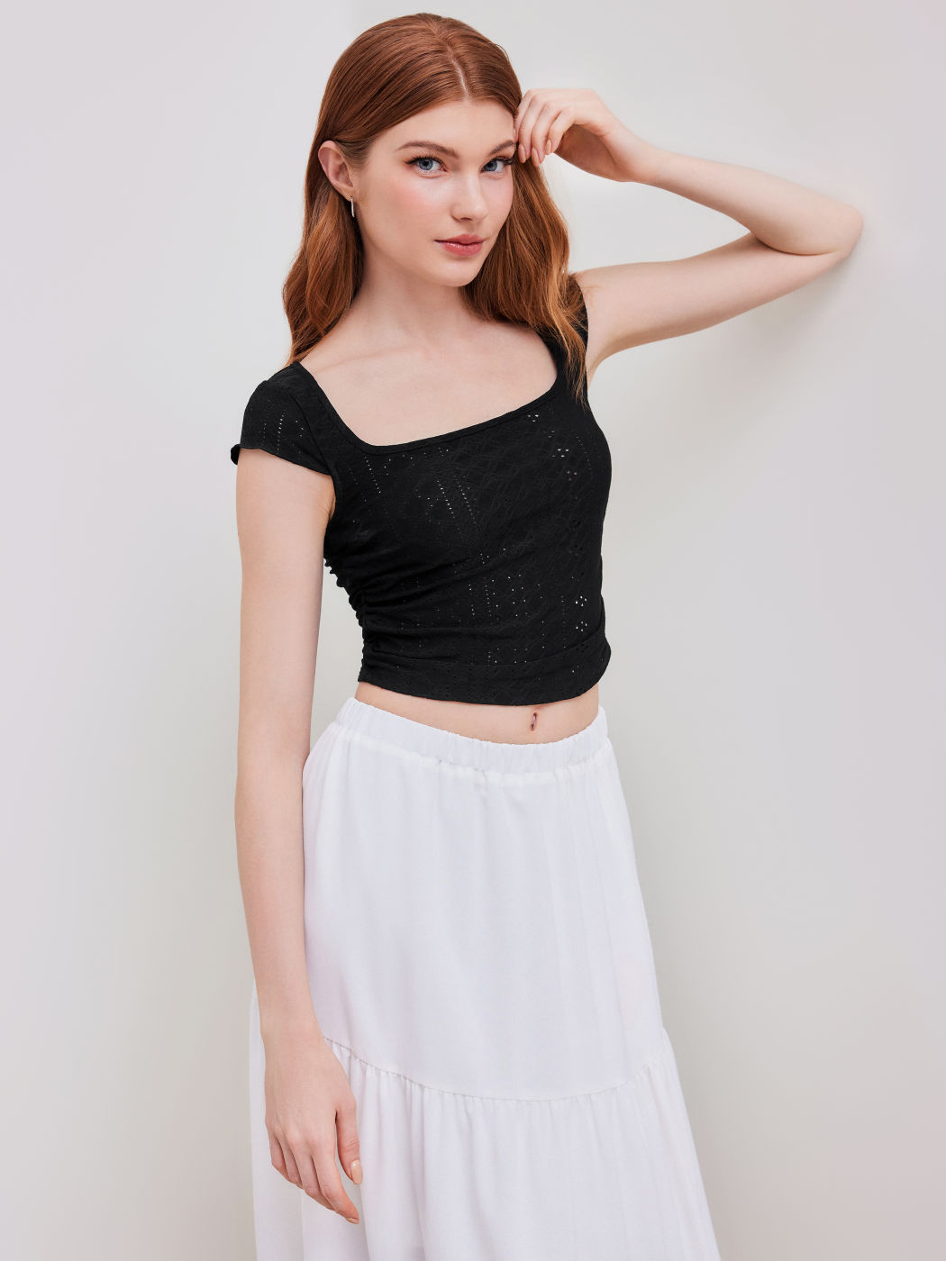 Solid Lace Ruched Back Crop Tee