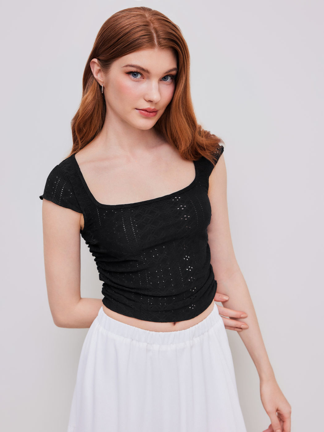 Solid Lace Ruched Back Crop Tee