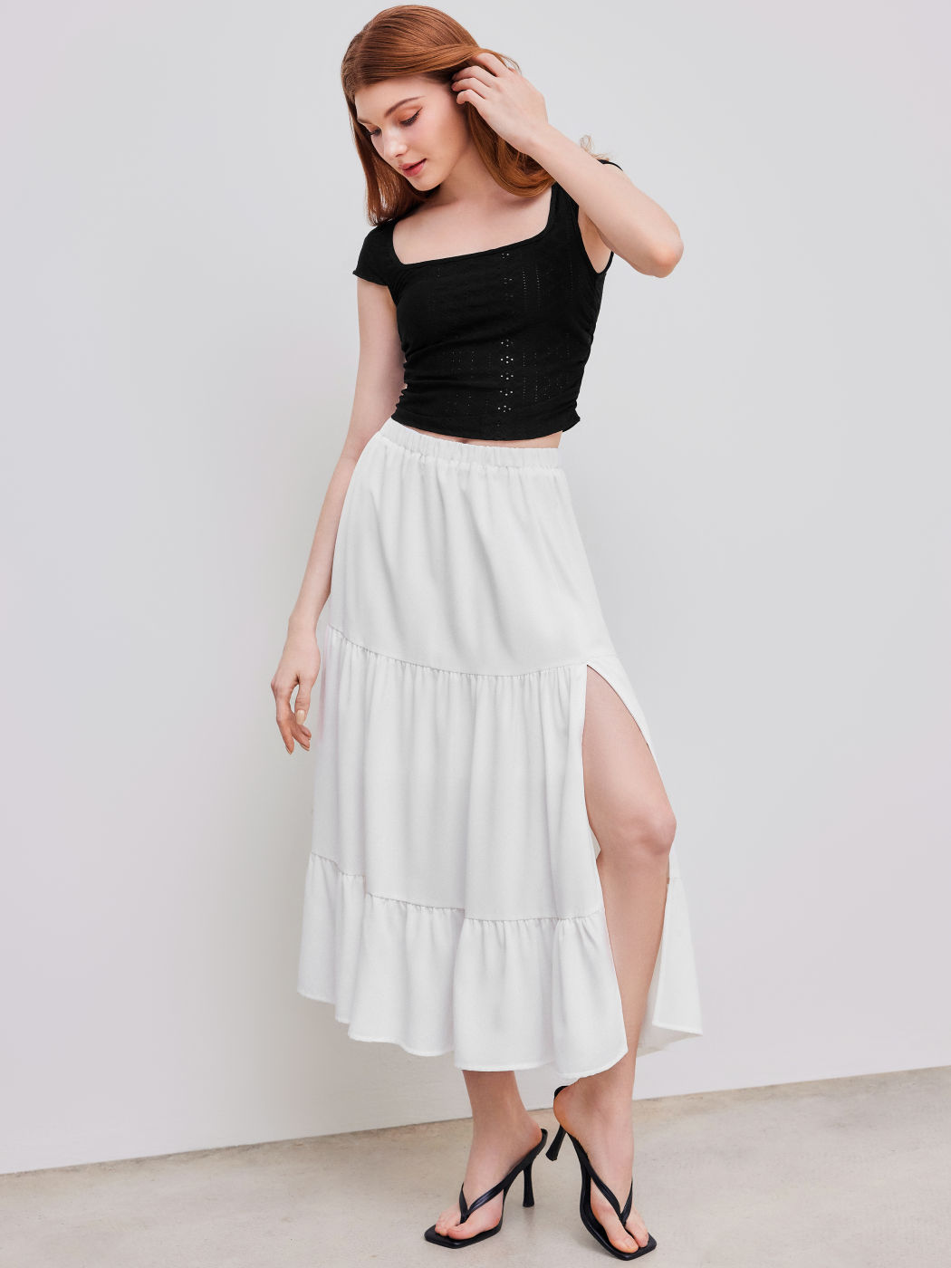 Solid Elastic Waist Ruffle Hem Tiered Maxi Skirt