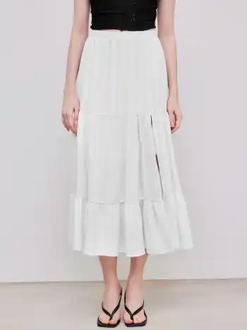 Solid Elastic Waist Ruffle Hem Tiered Maxi Skirt