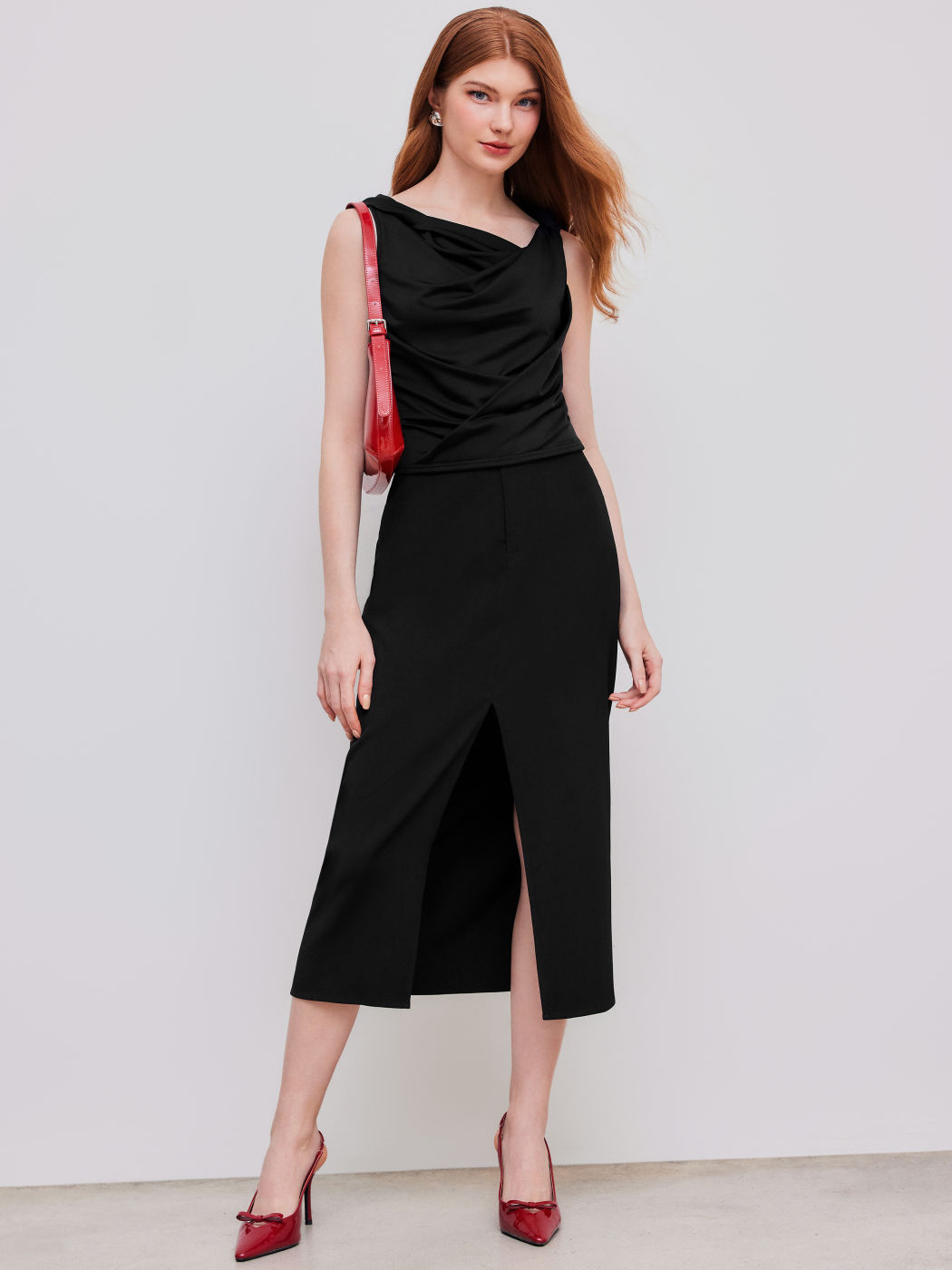  Einfarbiger Cowl Neck Knoten Crop Tank Top