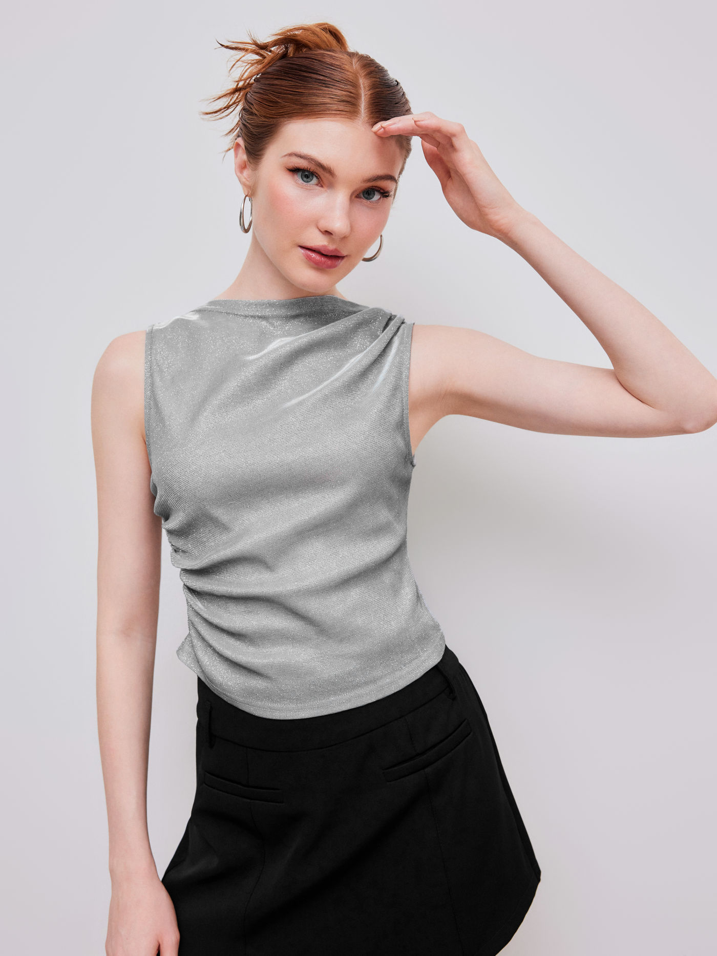 Round Neck Ruched Glitter Asymmetrical Tank Top