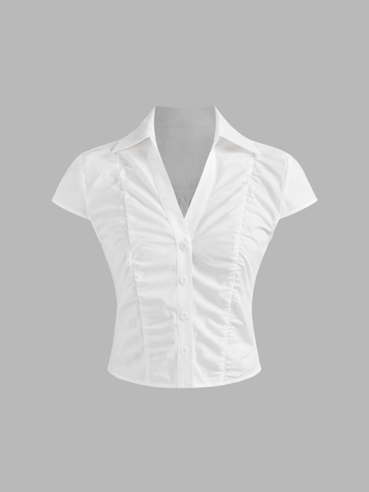 100% Cotton V-neck Solid Ruched Short Sleeve Shirt