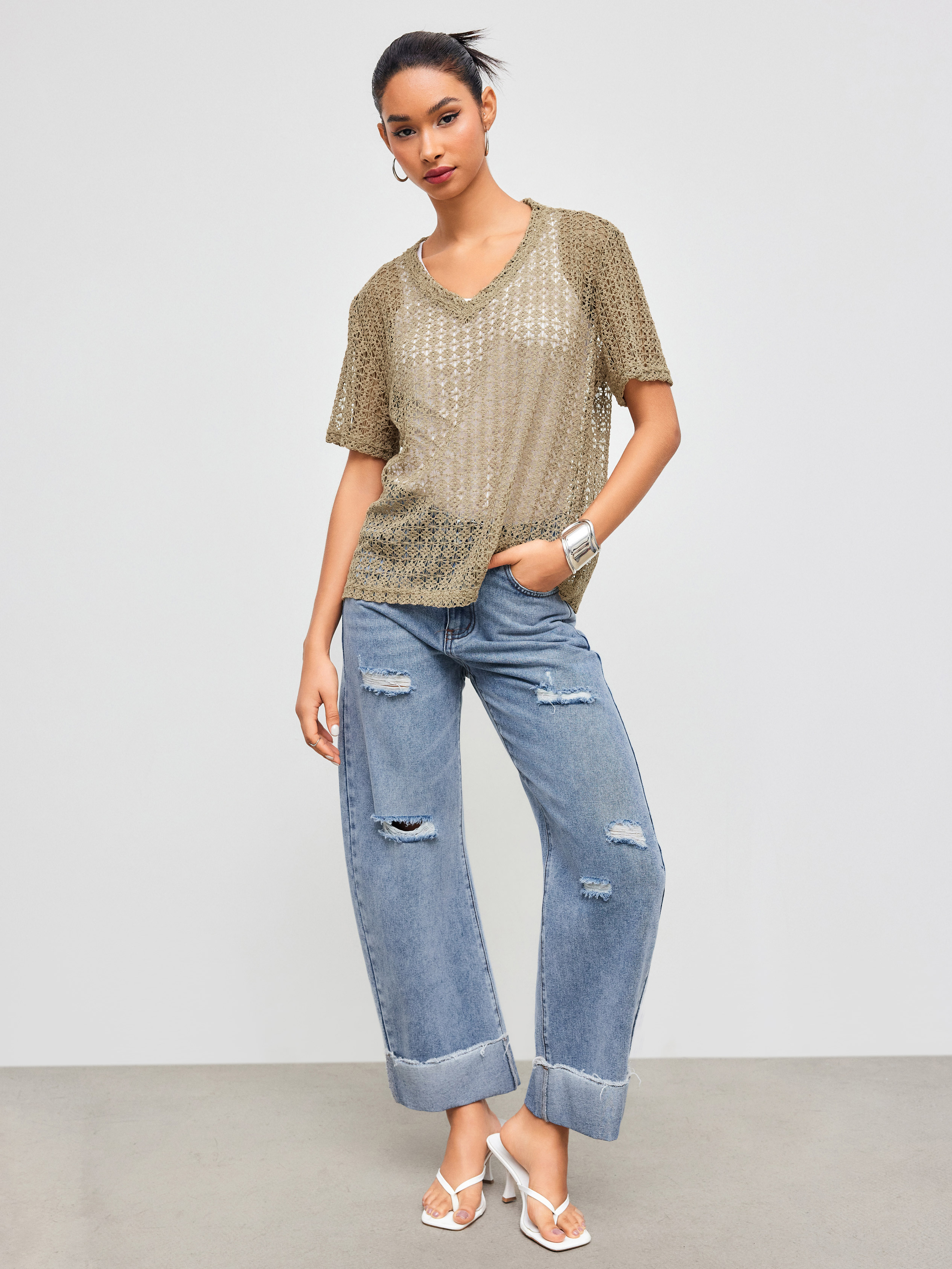 Mesh Mesh V-neck See-through Short Sleeve Top For Vacation