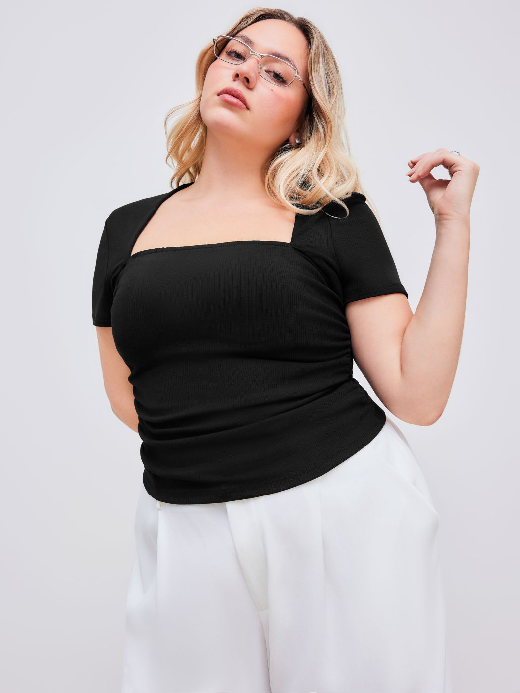 Square Neck Solid Ruched Short Sleeve Top Curve & Plus