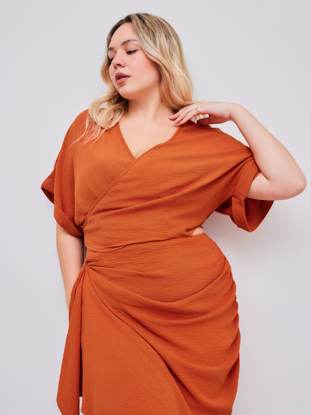 V-neck Wrap Knotted Tie Back Crop Oversized Top Curve & Plus