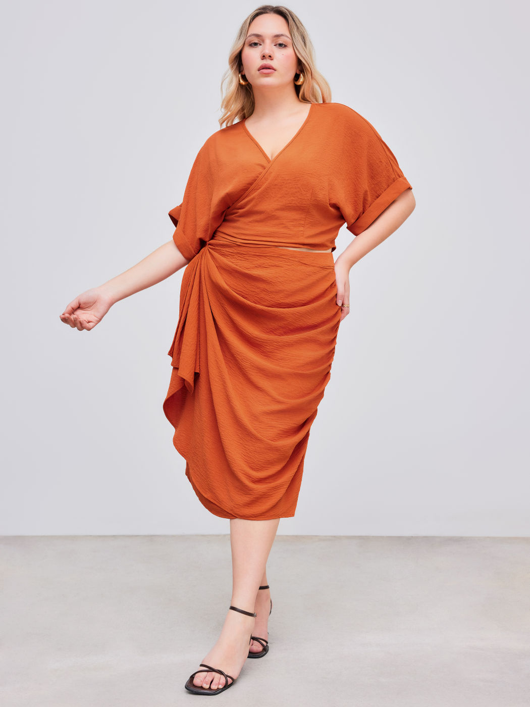 V-neck Wrap Knotted Tie Back Crop Oversized Top Curve & Plus