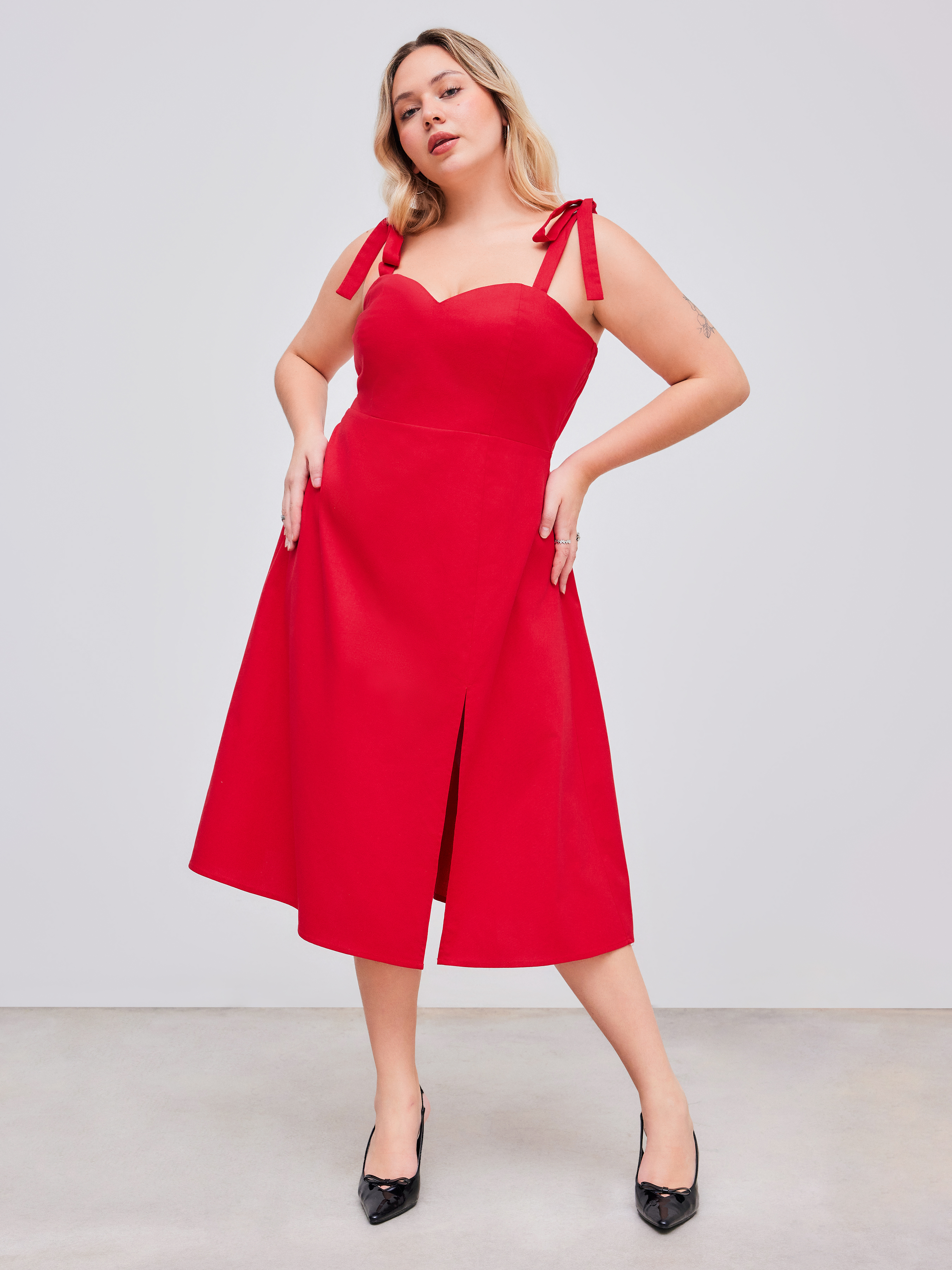 Woven Linen-blend Bowknot Shirred Split Solid Midi Dress