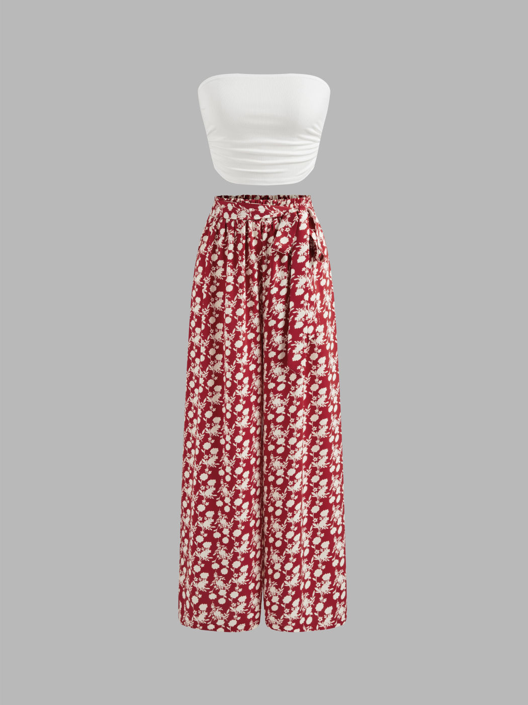 Strapless Solid Ruched Crop Top & Mid Rise Floral Knotted Wide Leg Trousers