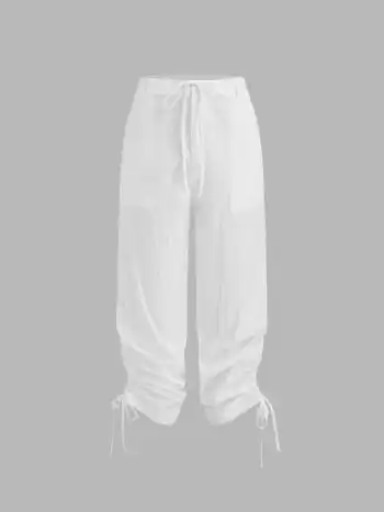 Pantaloni cropped a vita media in tinta unita con coulisse