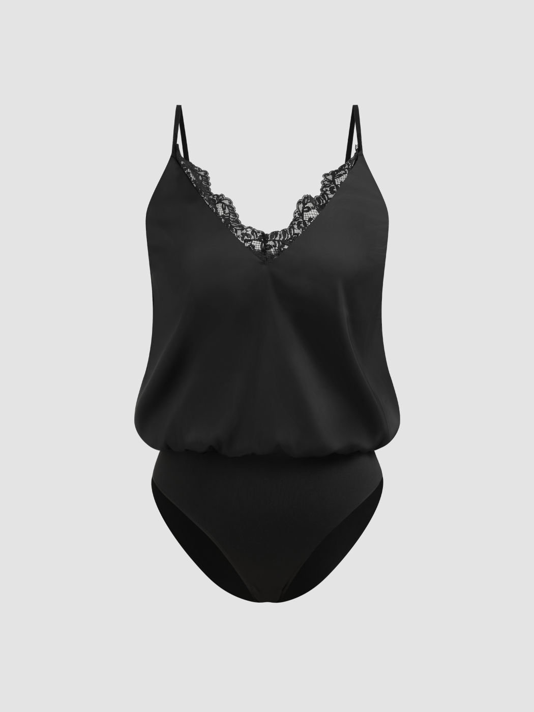 Satin V-Ausschnitt Einfarbiger Spitzen-Bodysuit