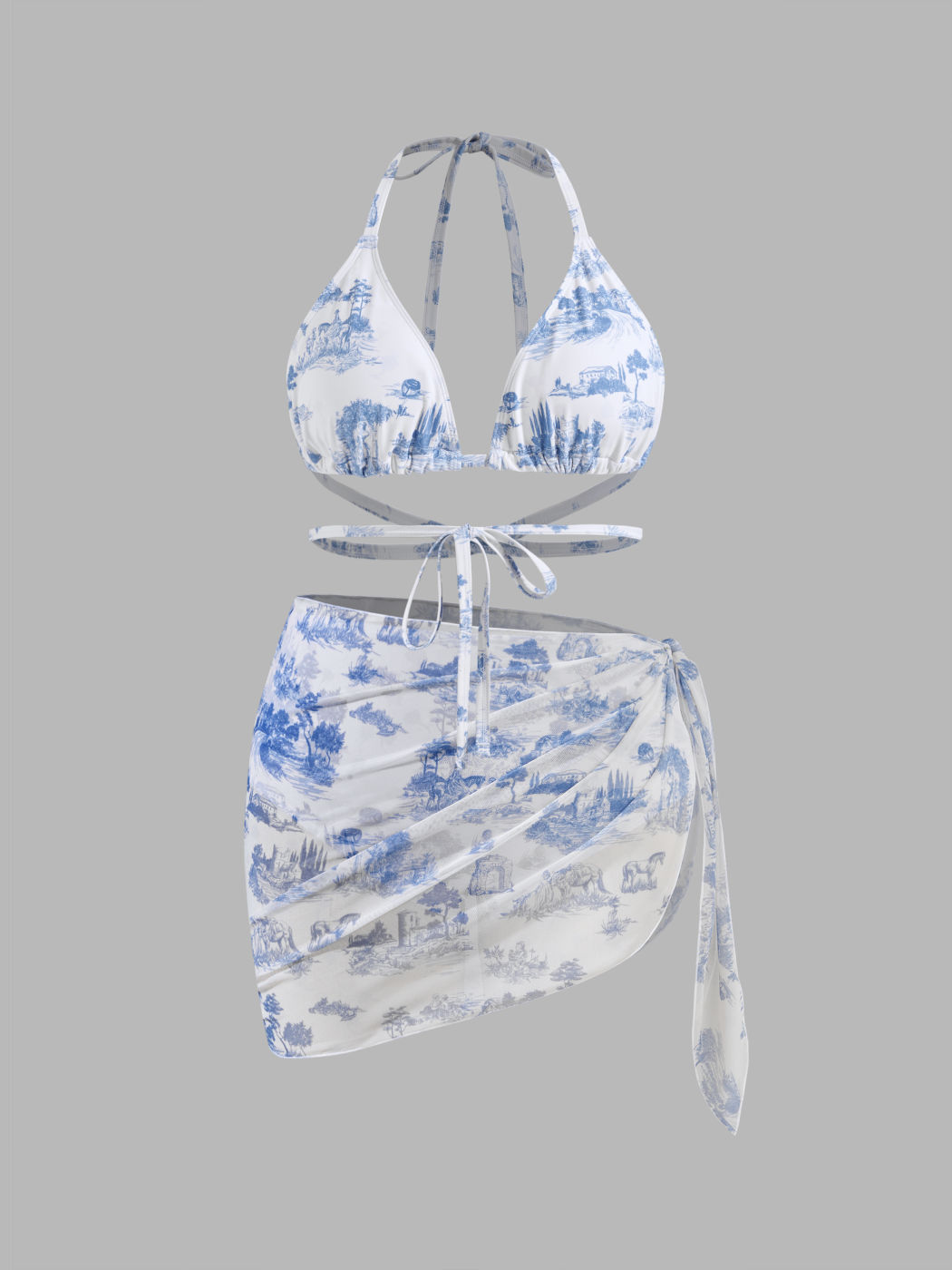 Shaping Halter Toile de Jouy Triangle Cheeky Bikini Set & Sarong Curve & Plus