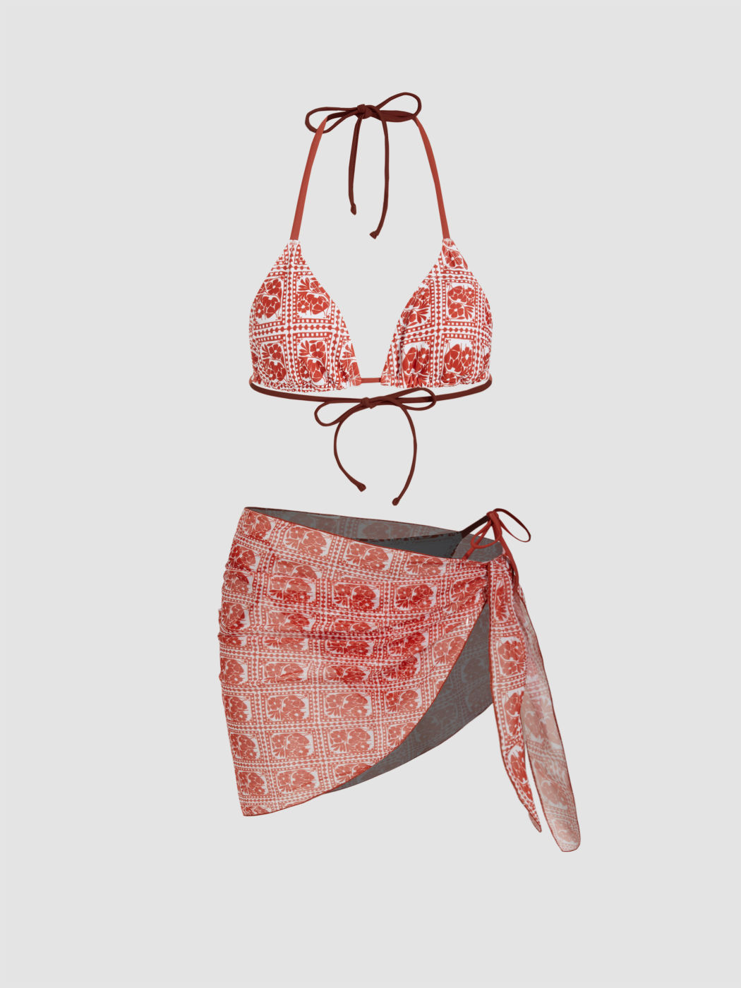 Halter Triangle Tie Side Bikini Set With Ring Detailing - Purple Flowers