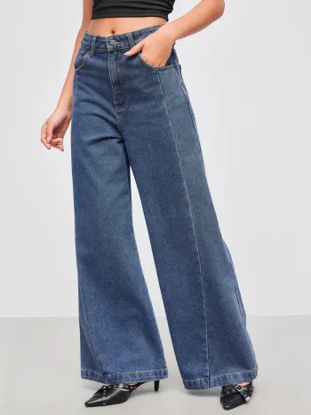 Denim Mid Waist Solid Baggy Jeans