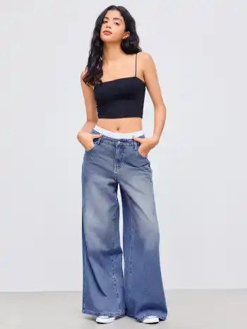 Cider Jeans Mid Rise Solid Wide Leg Jeans