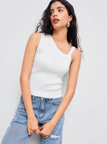 Knit Asymmetrical Neck Solid Cami Top