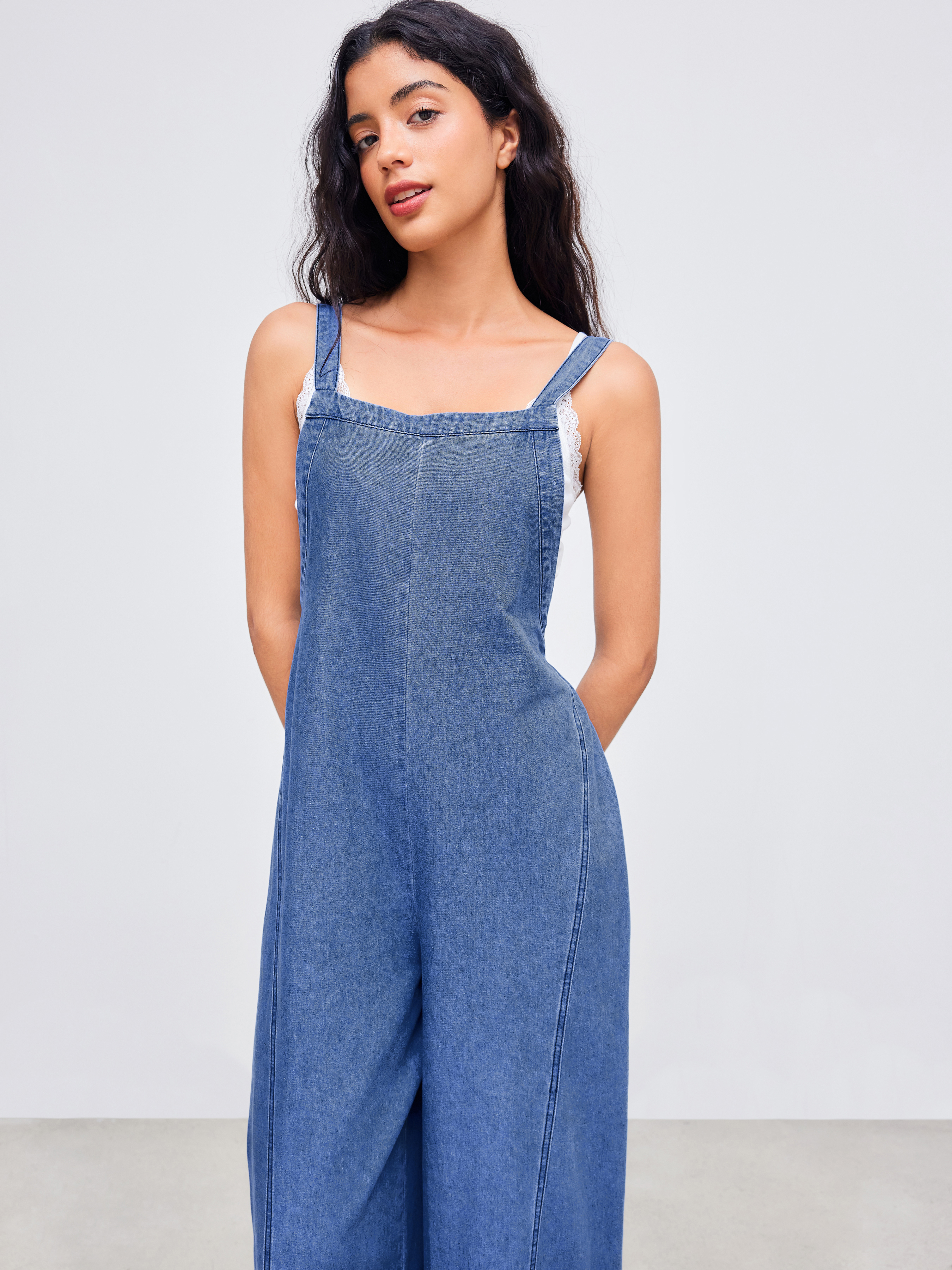 Denim Denim Square Neck Solid Wide Leg Jumpsuit For School