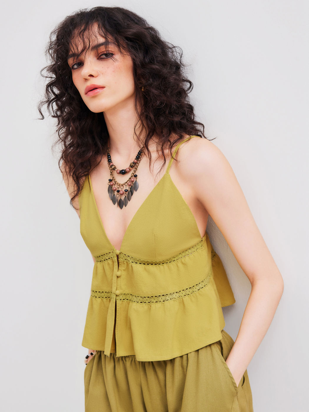 Woven V-neck Solid Ruffle Hem Cami Top