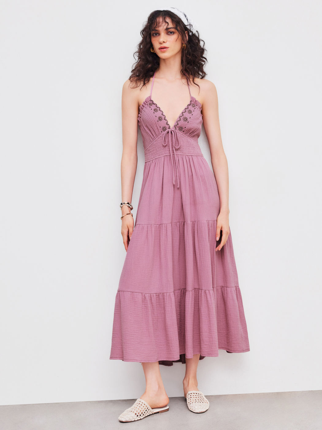 Halter Solid Knotted Shirred Ruffle Maxi Dress