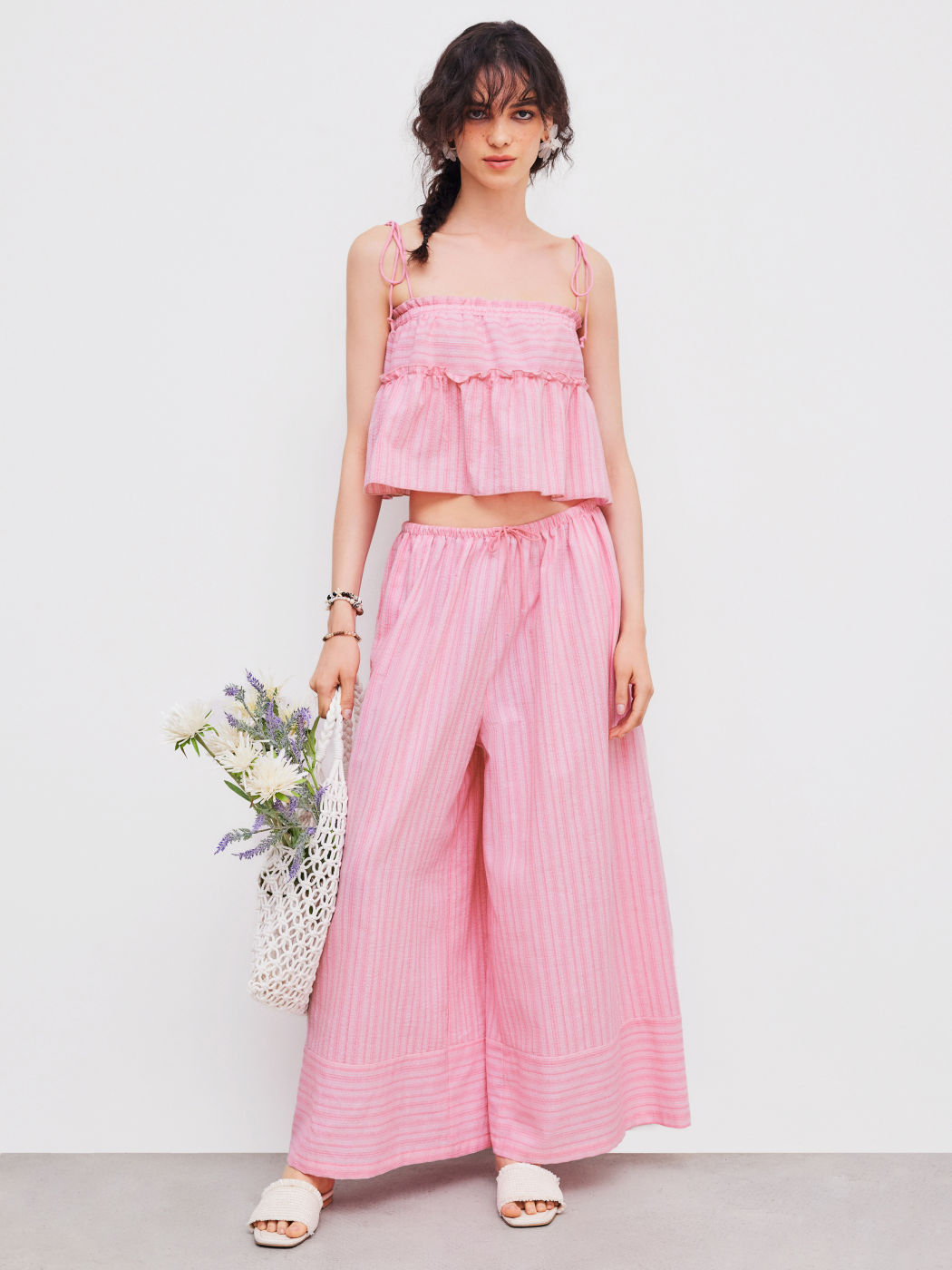 Woven Mid Rise Striped Wide Leg Trousers