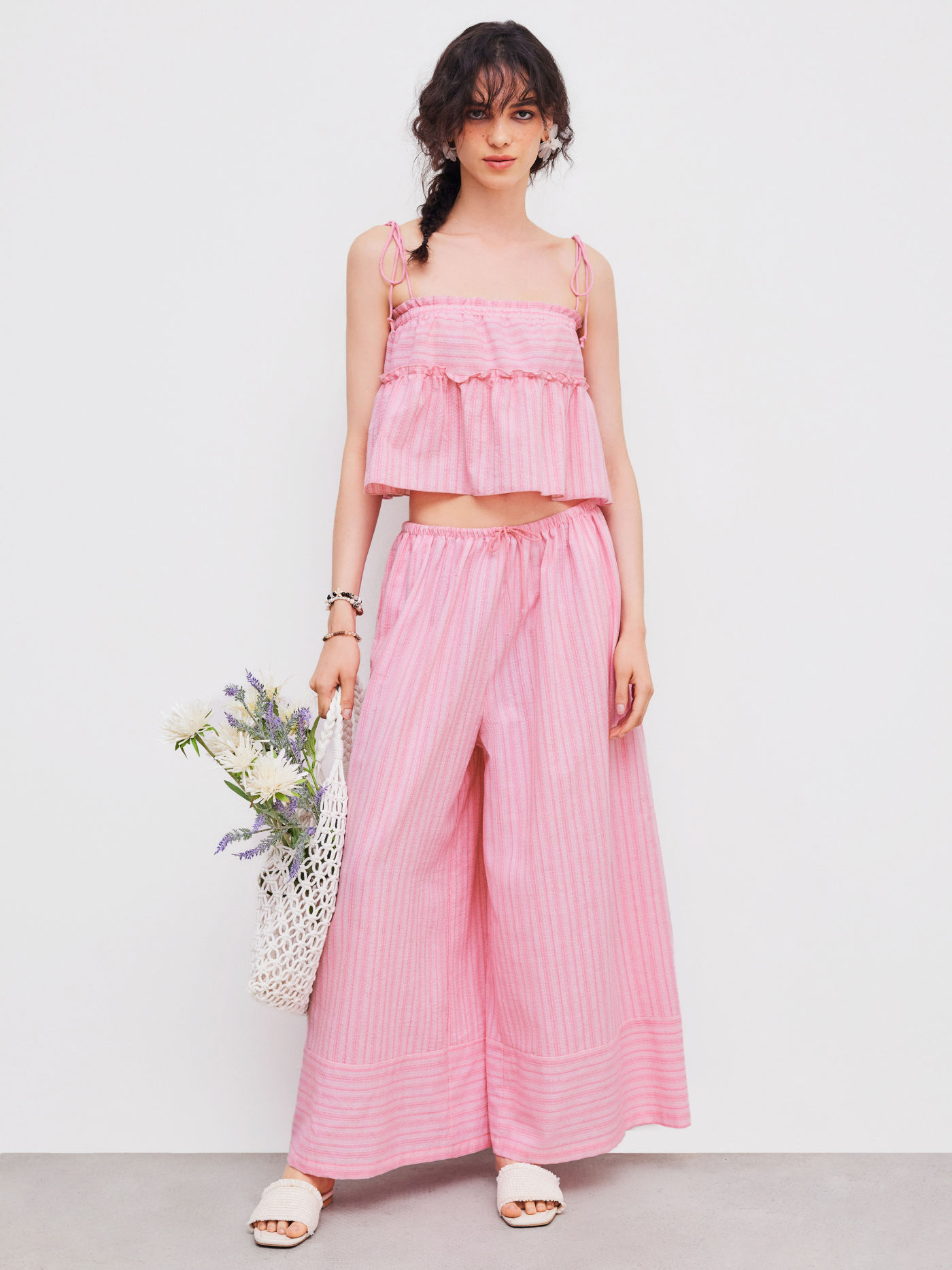 Woven Mid Rise Striped Wide Leg Trousers