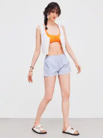 Niedrige Taille Gestreifte Schleife Knopf Shorts