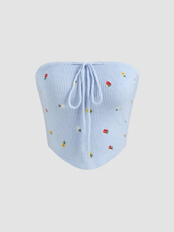 Top a tubo in maglia con ricamo floreale annodato