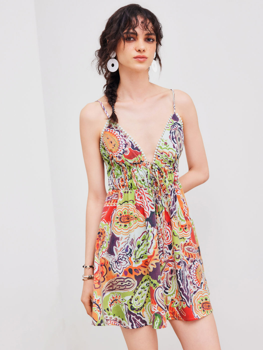 V-neck Floral Knotted Mini Dress