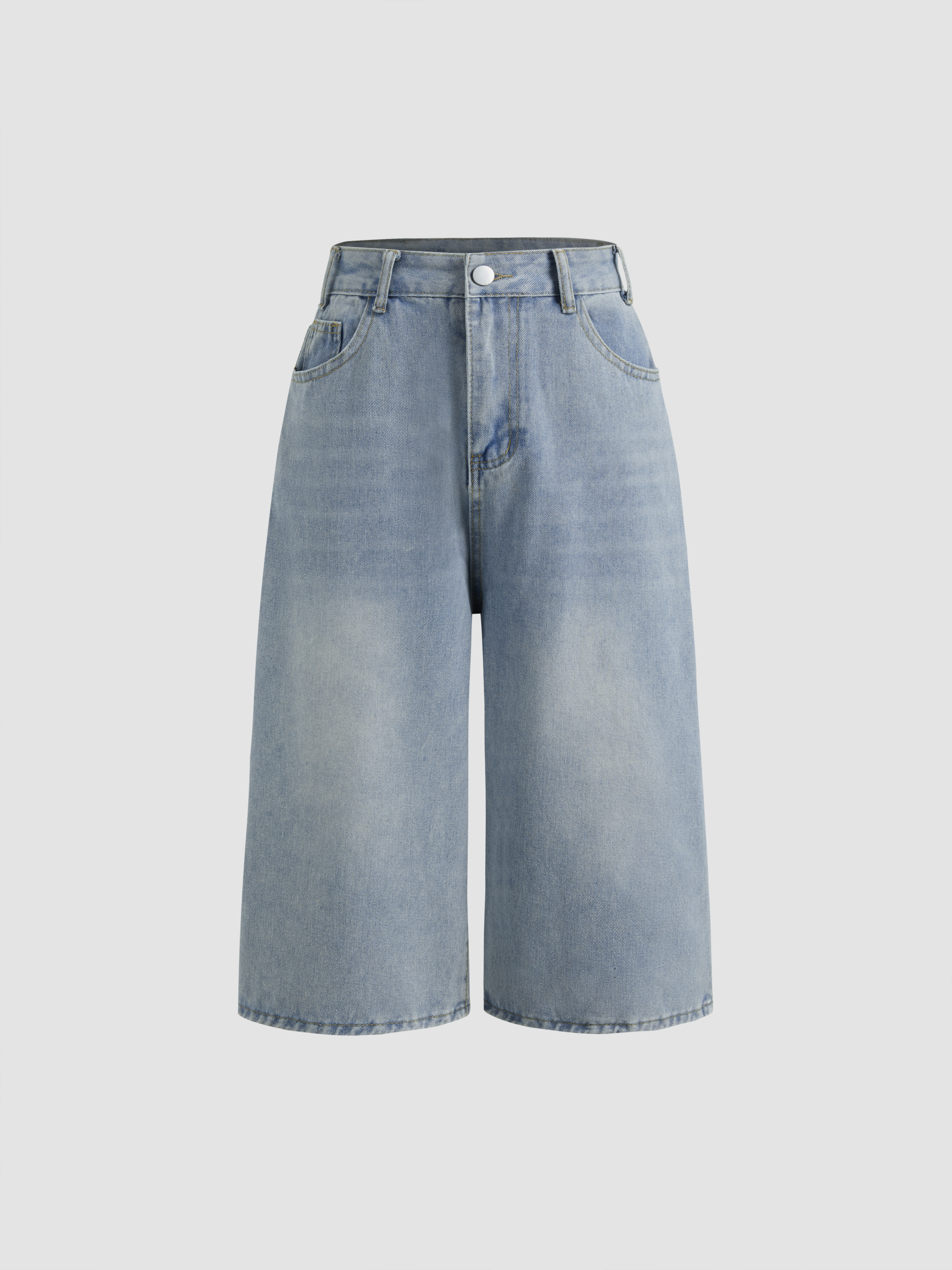 Denim Denim Mid Rise Solid Pocket Wide Leg Bermuda Shorts