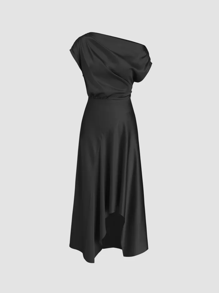 Asymmetrical Neck Solid Ruched Maxi Dress