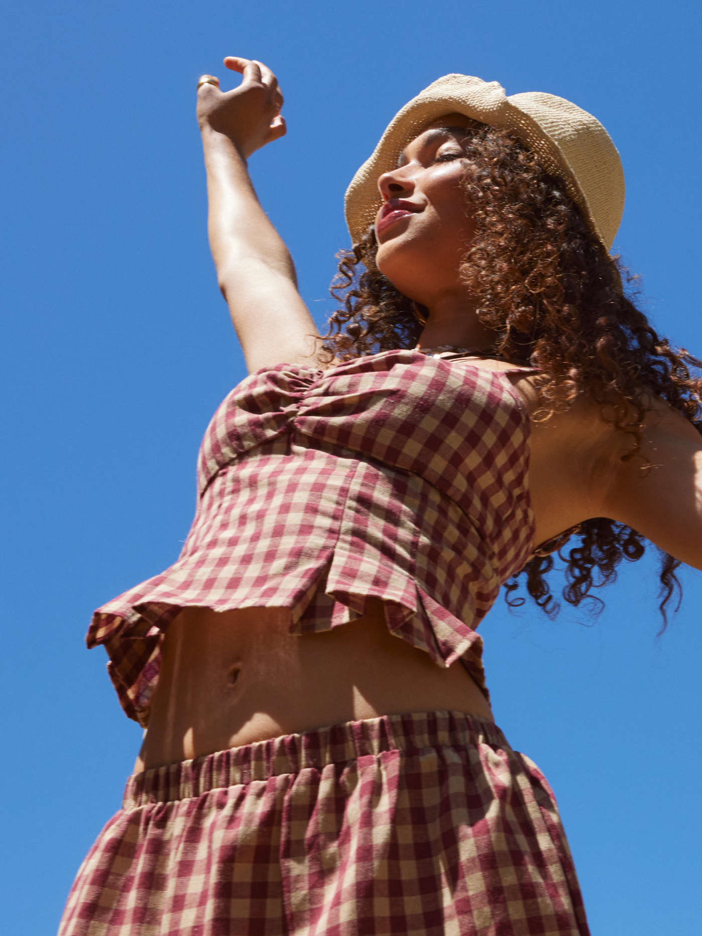 Woven V-neck Gingham Shirred Cami Top