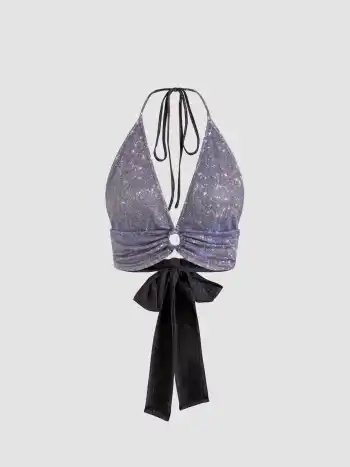 Glitter O-Ring Backless Halter Crop Top