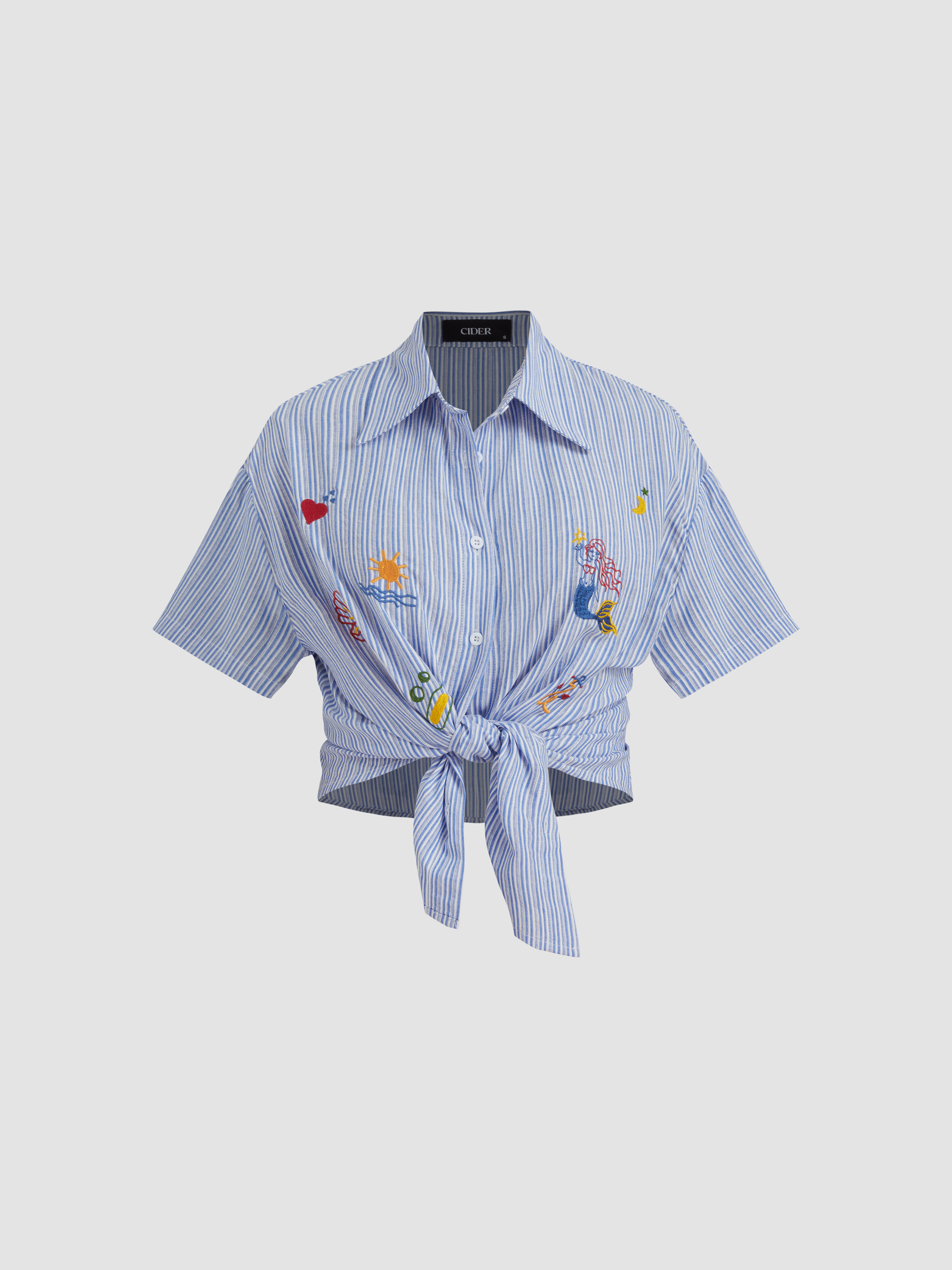 Woven Collar Striped Shell & Mermaid Embroidered Short