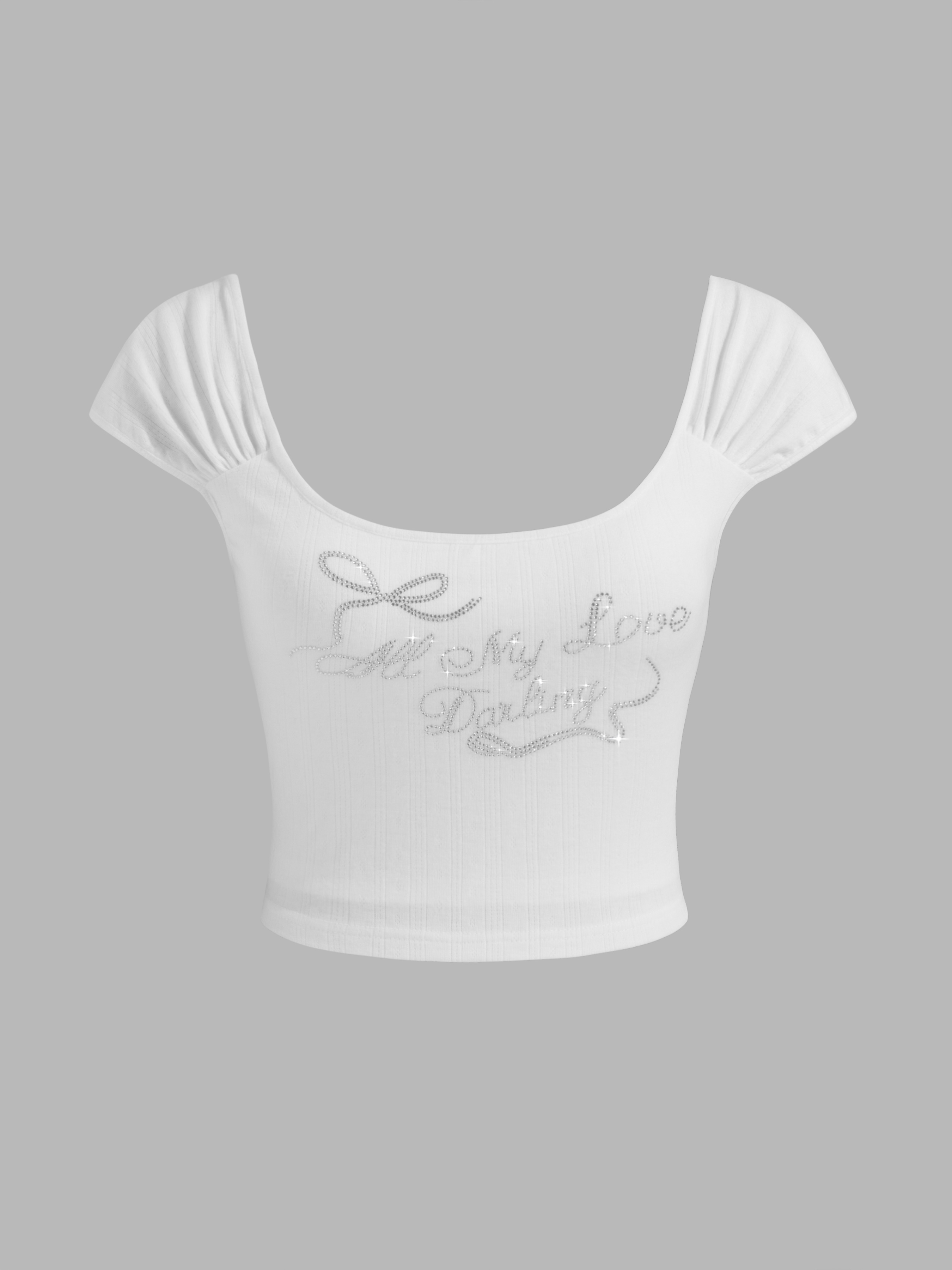 All My Love Darling Rhinestone Scoop Neckline Crop Tee For Daily Casual