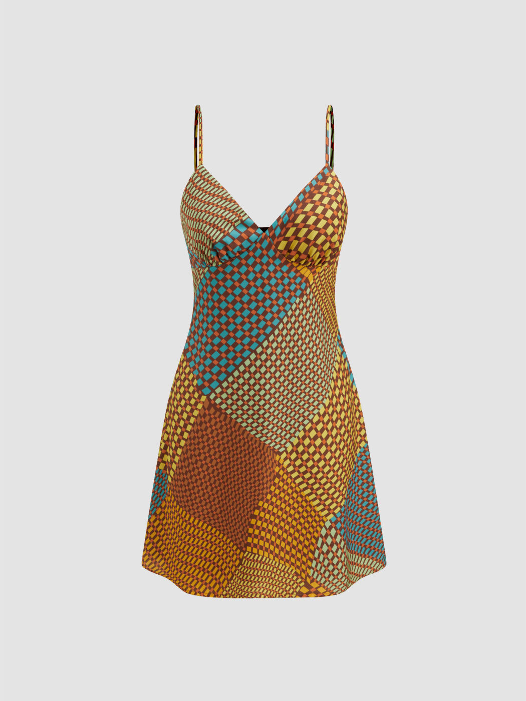 Woven V-neck Check Colorblock Mini Dress