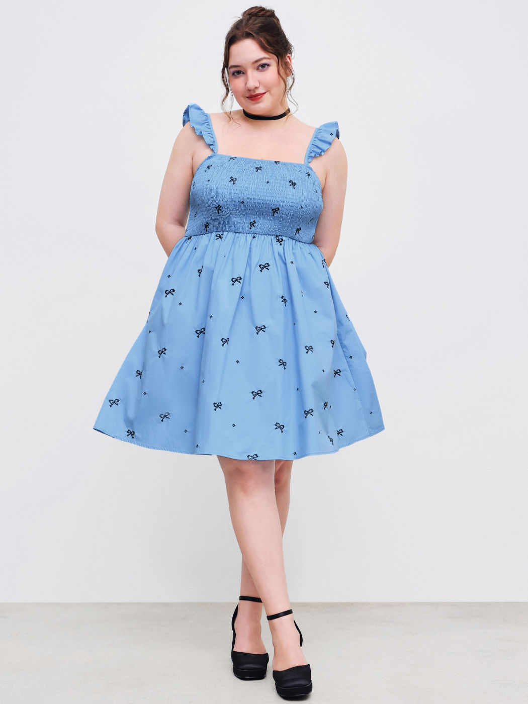 Woven Square Neck Bowknot Embroidery Ruffle Mini Dress Curve & Plus