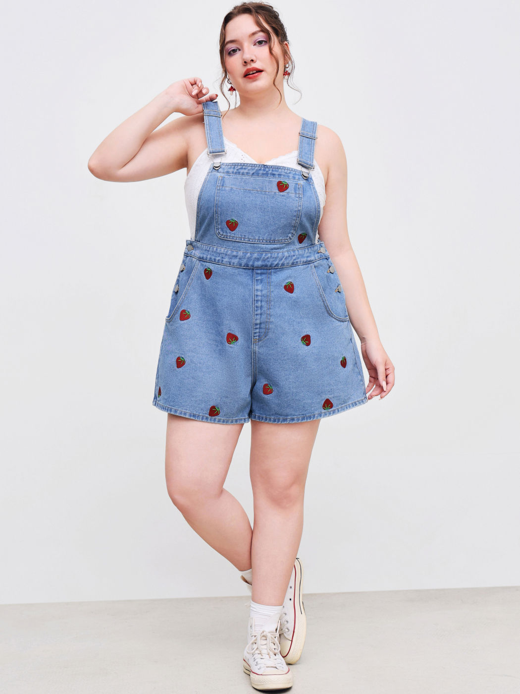 Denim Strawberry Embroidery Pocket Button Romper Curve & Plus